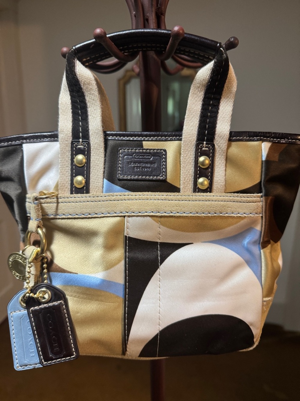 Coach Mini Tote in Beige, Black & Blue Graphic Print